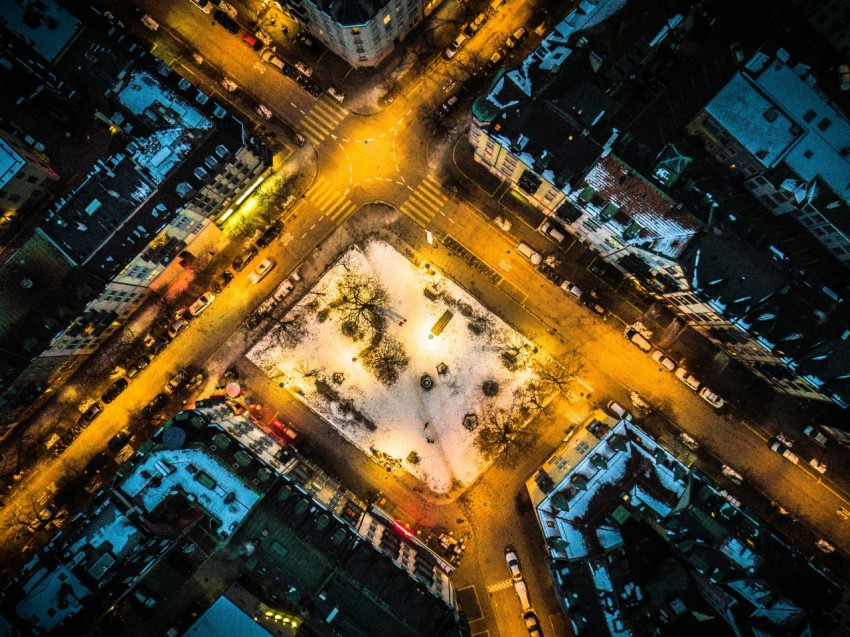 birds eye view photography of city with lights at night