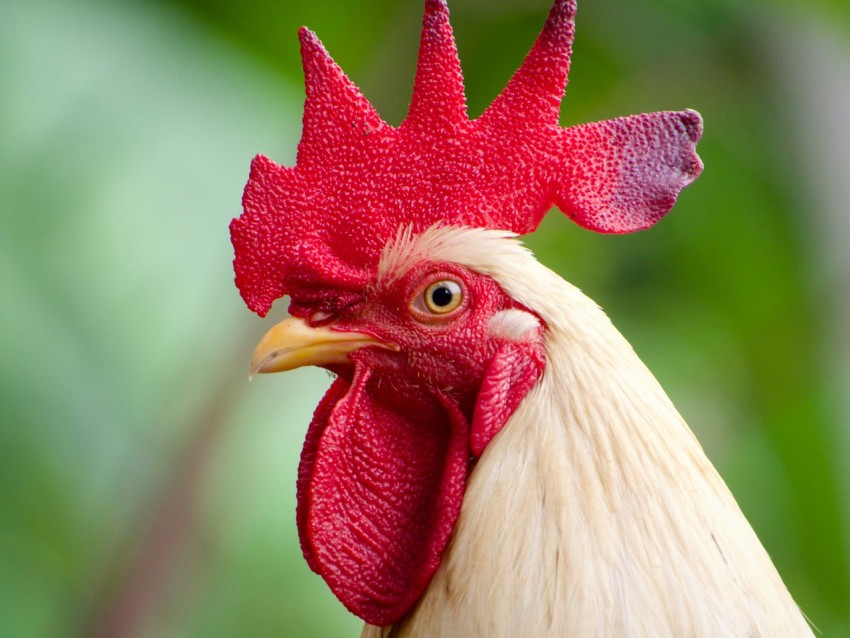 a close up of a roosters head with a blurry background