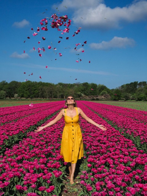 a woman in a yellow dress standing in a field of pink flowers