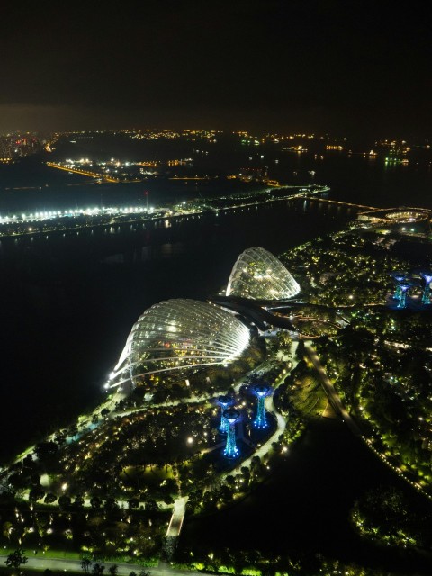 an aerial view of a city at night