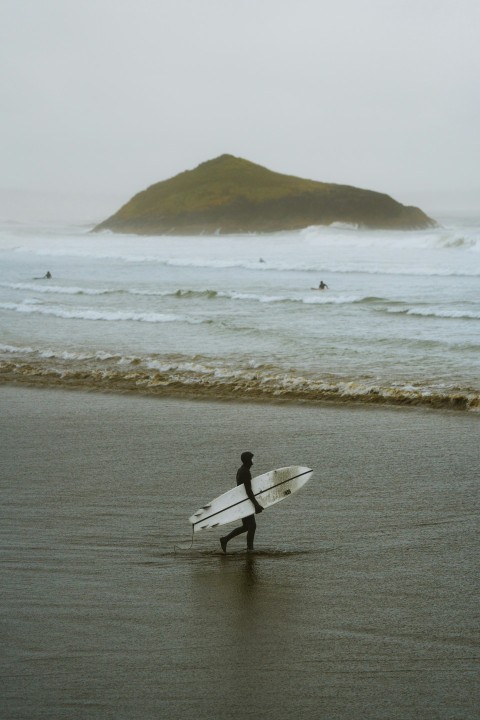 a person carrying a surfboard on a wet beach