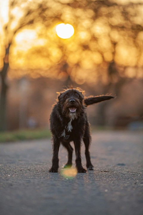 a small dog standing on the side of a road
