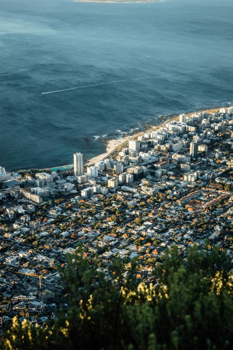 an aerial view of a city next to the ocean